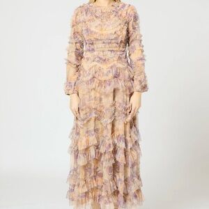 NWT Chic Ruffled Long Sleeve Dress in Purple and Cream